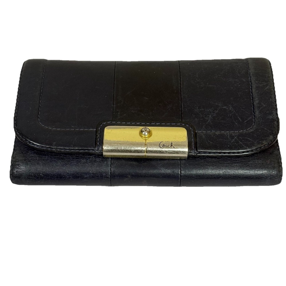 Coach Fold Over Navy Blue Leather Wallet Gold Accent Coach Logo Card ID slots